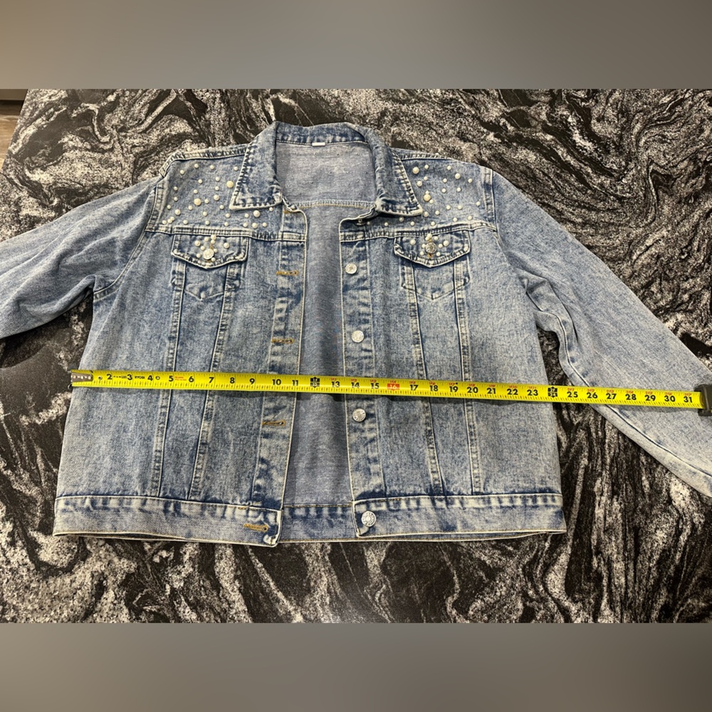 Women's XL Embroidered Pearl Denim Jean Jacket Coat - Picture 13 of 16